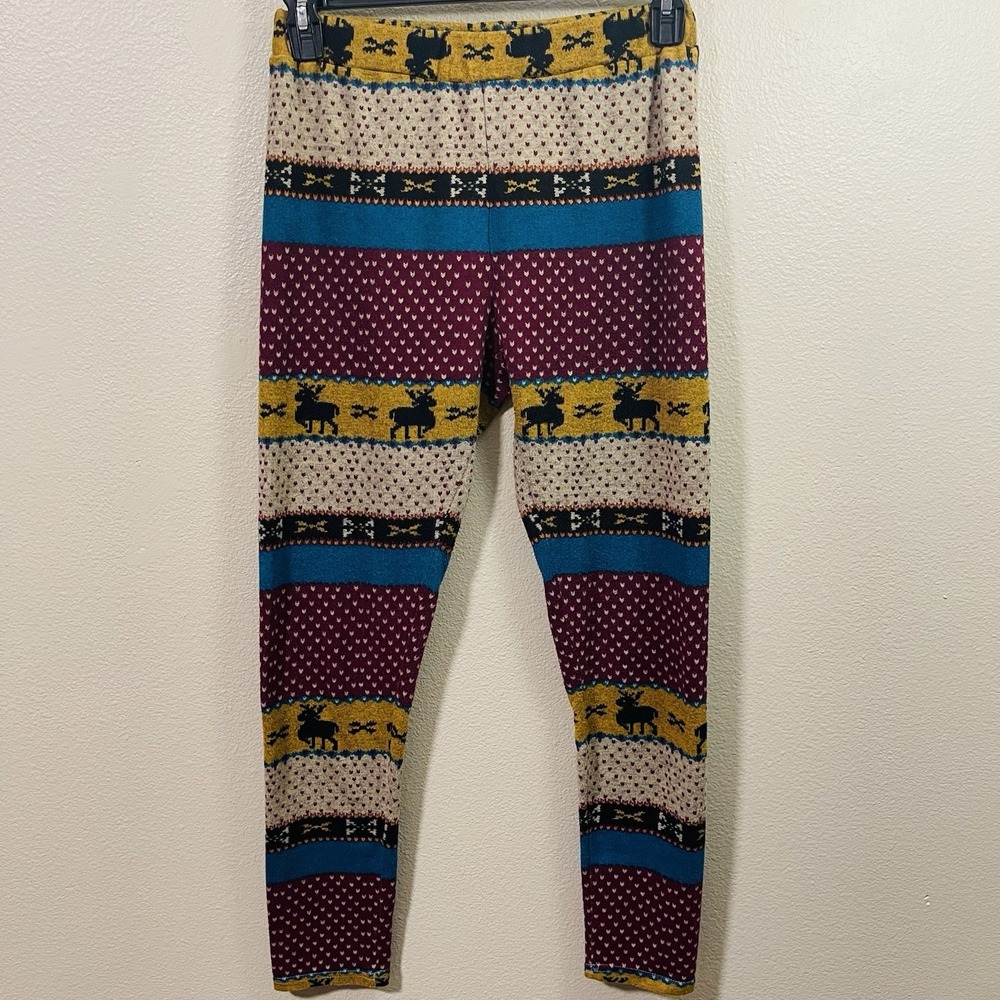 Ryu Leggings Fair Isle Colorful Burgundy Mustard Teal Deer Warm Cozy Cabin Sz L